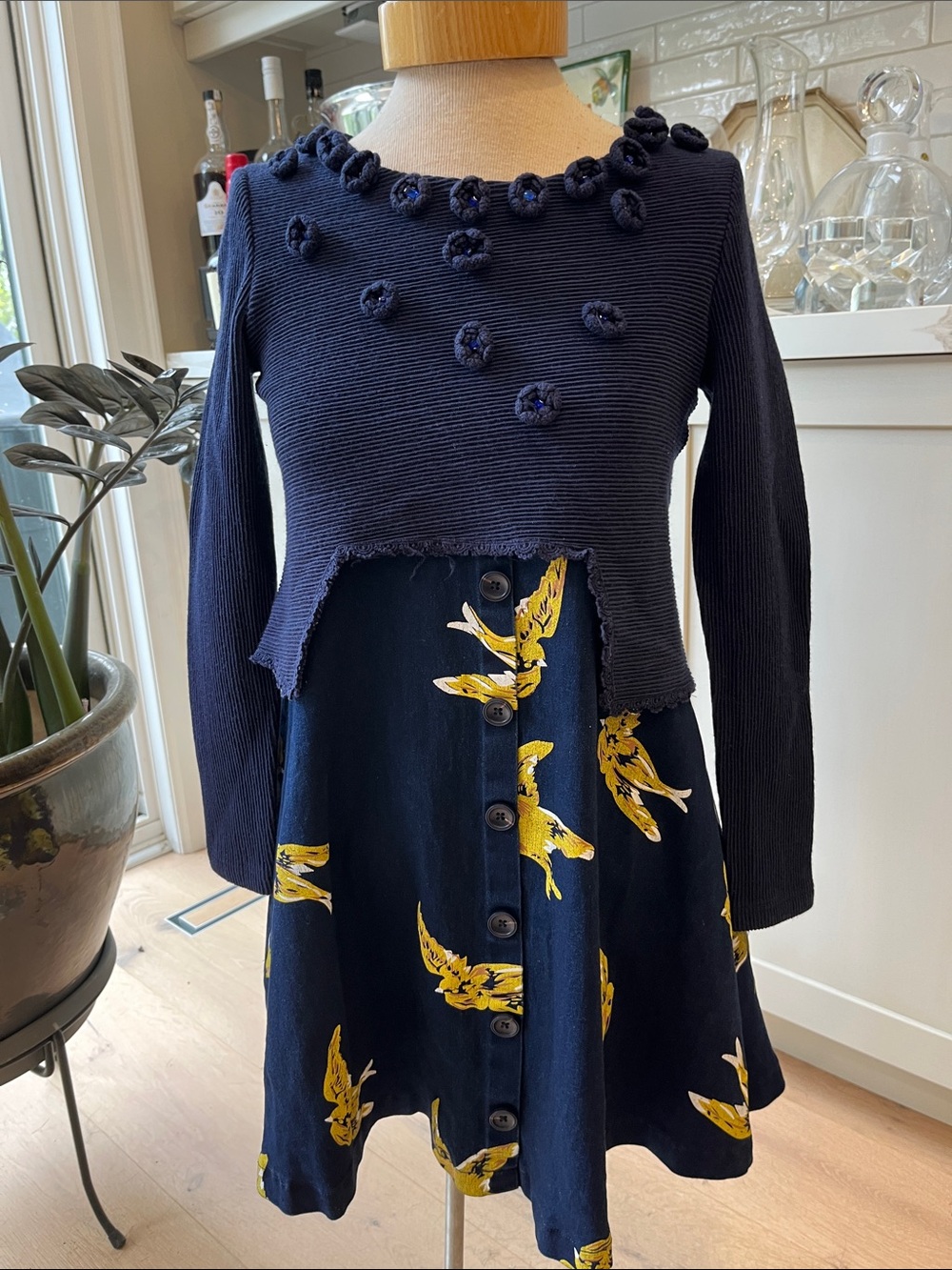 Navy and Yellow Dress stretch embellished knit top and Aline bird print skirt